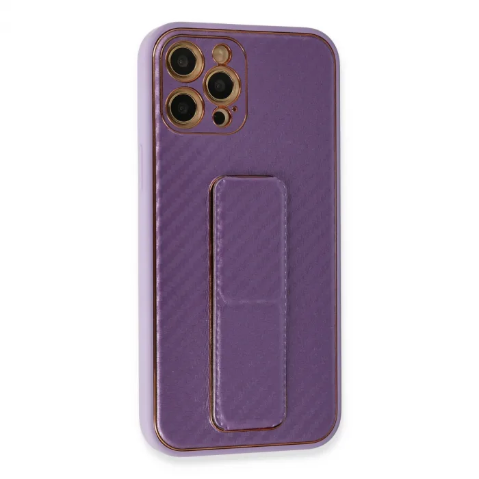 İphone 12 Pro Kılıf Coco Karbon Standlı Kapak - Mor