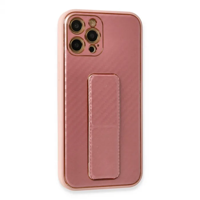 İphone 12 Pro Kılıf Coco Karbon Standlı Kapak - Pembe