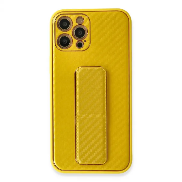 İphone 12 Pro Kılıf Coco Karbon Standlı Kapak - Sarı