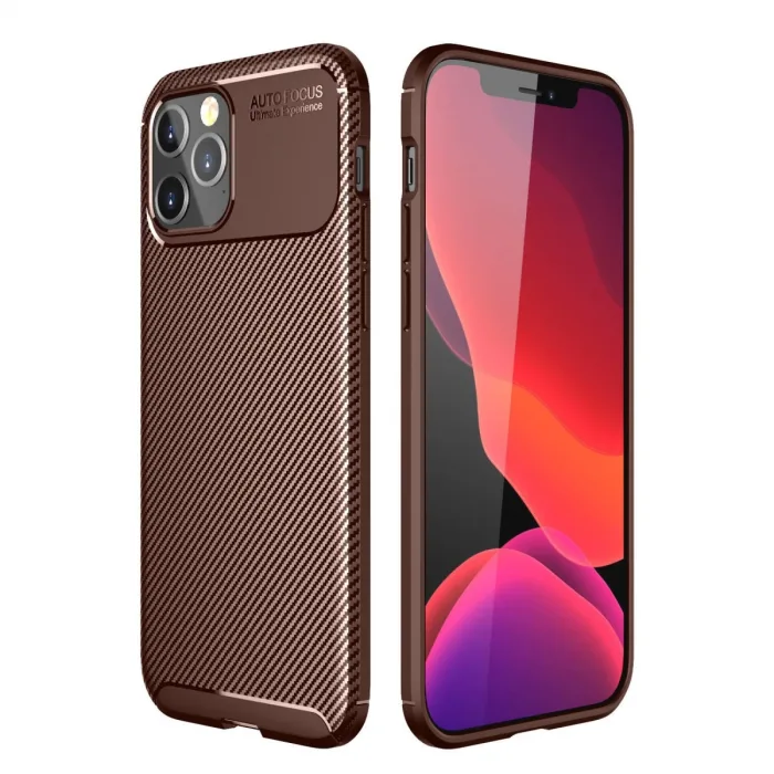 İphone 12 Pro Max Kılıf Auto Focus Karbon Kapak - Kahverengi