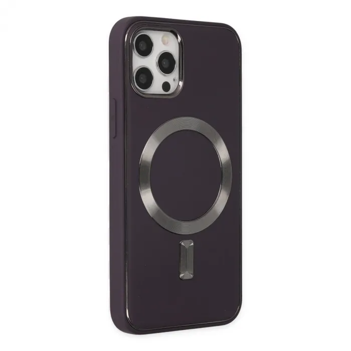 İphone 12 Pro Max Kılıf Coco Deri Magneticsafe Silikon - Derin Mor