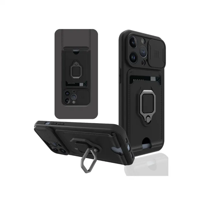 İphone 13 Pro Max Kılıf Zuma Kartvizitli Yüzüklü Silikon - Siyah