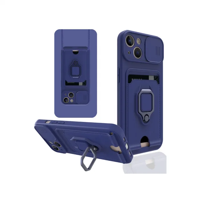 İphone 14 Plus Kılıf Zuma Kartvizitli Yüzüklü Silikon - Lacivert
