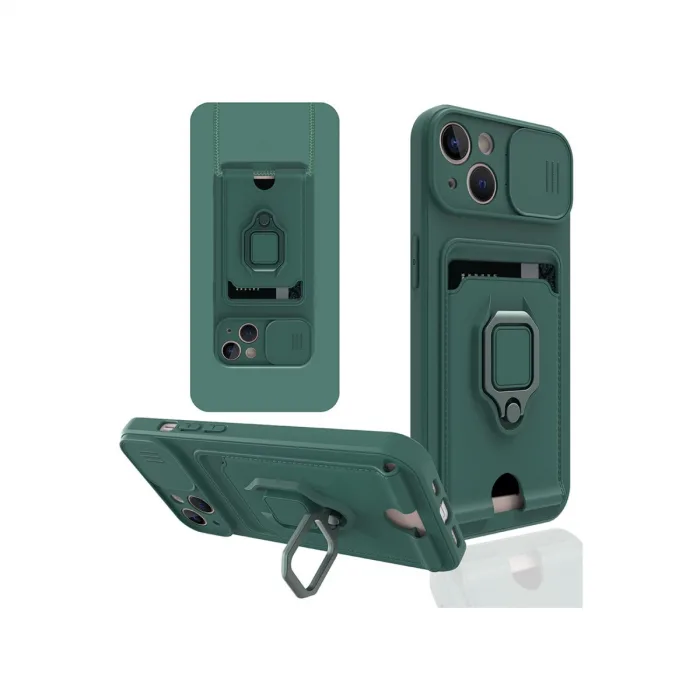 İphone 14 Plus Kılıf Zuma Kartvizitli Yüzüklü Silikon - Yeşil