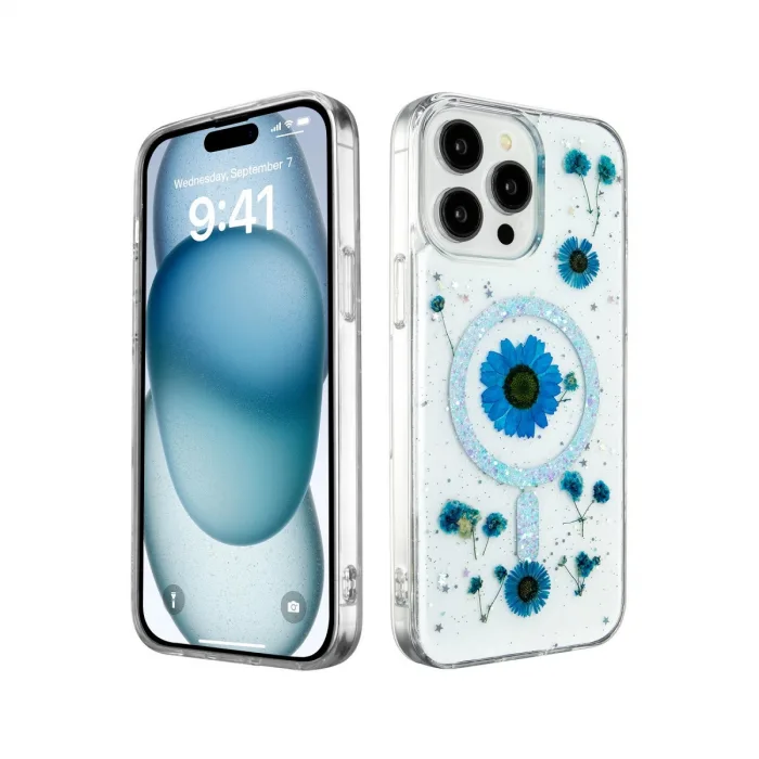 İphone 14 Pro Max Kılıf Daisy Simli Magsafe Kapak - Mavi