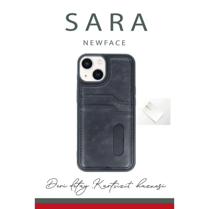 İphone 15 Sara Kartvizitli Deri Kılıf - Lacivert