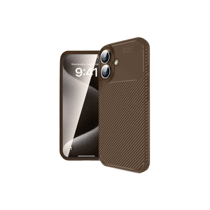 İphone 16 Kılıf Auto Focus Karbon Kapak - Kahverengi