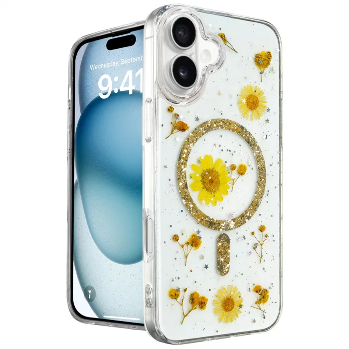 İphone 16 Kılıf Daisy Simli Magsafe Kapak - Gold