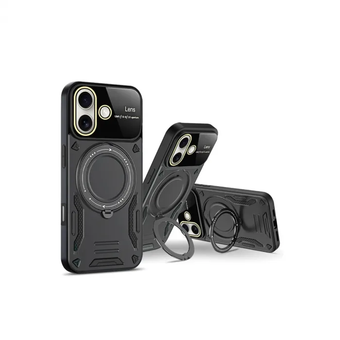 İphone 16 Kılıf Joy Lens Standlı Kapak - Siyah