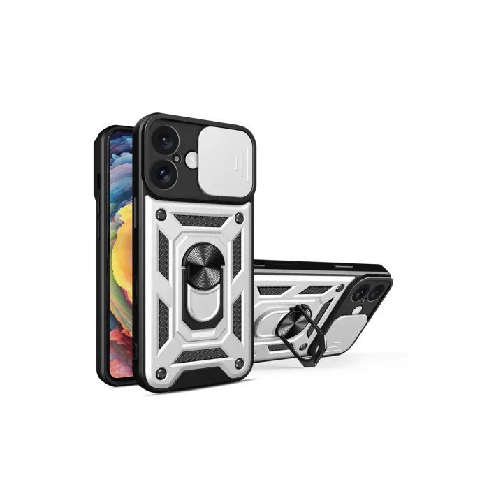 İphone 16 Kılıf Pars Lens Yüzüklü Silikon - Gümüş