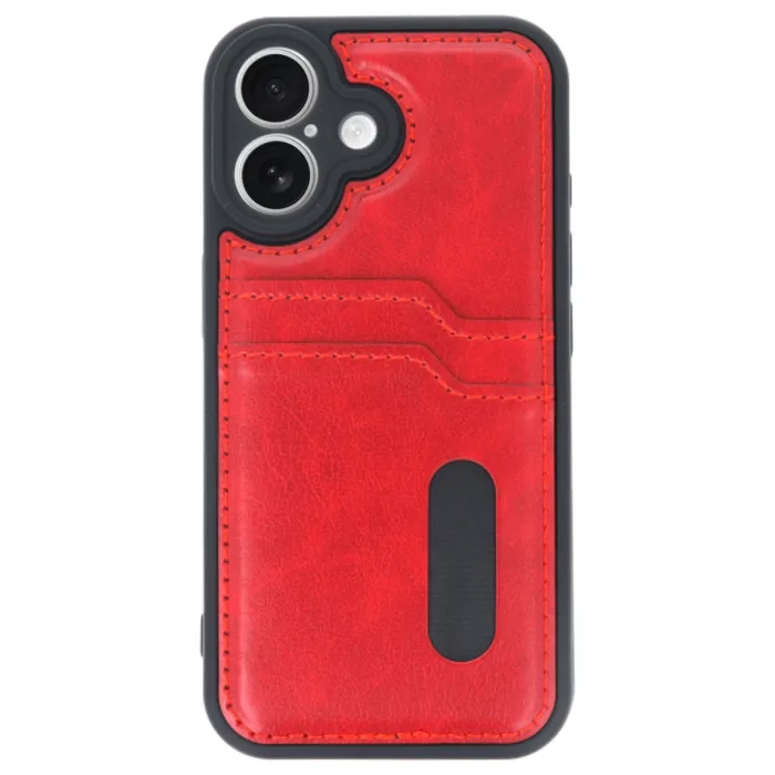 İphone 16 Kılıf Sara Kartvizitli Deri Kılıf - Kırmızı
