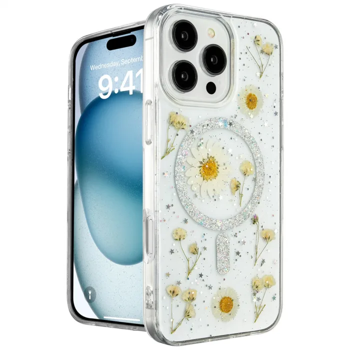 İphone 16 Pro Kılıf Daisy Simli Magsafe Kapak - Gümüş