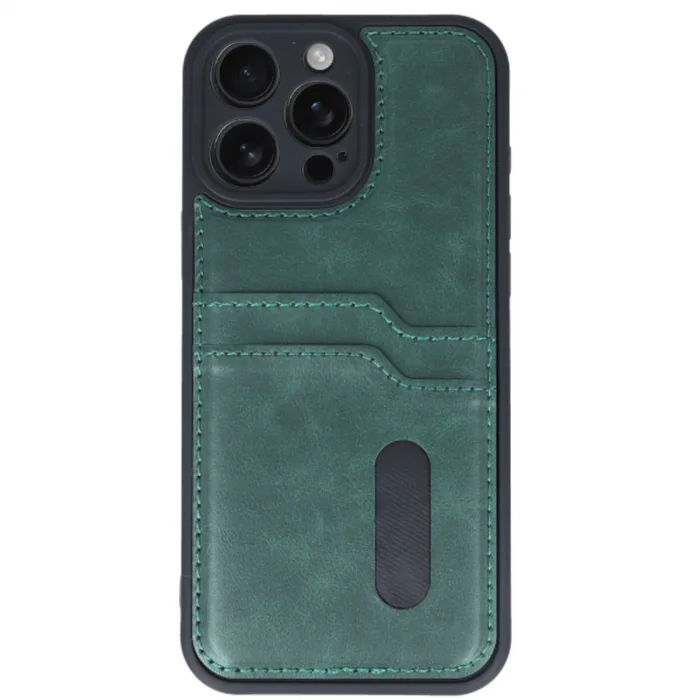 İphone 16 Pro Kılıf Sara Kartvizitli Deri Kılıf - Koyu Yeşil