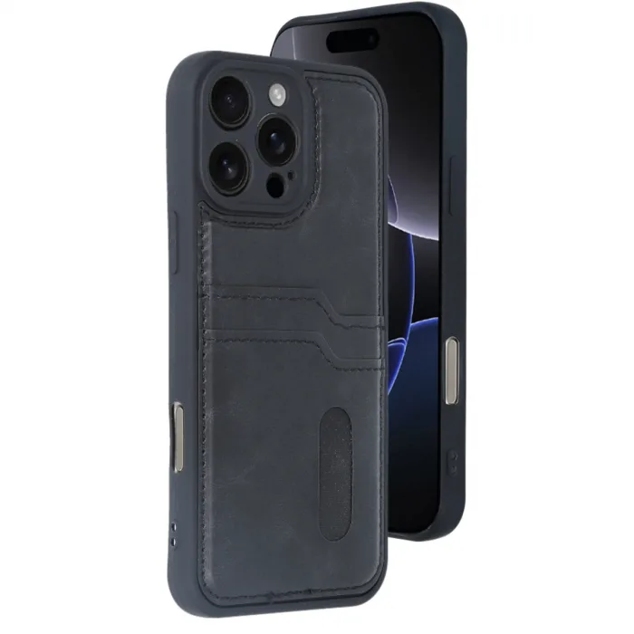 İphone 16 Pro Kılıf Sara Kartvizitli Deri Kılıf - Siyah