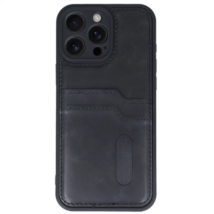 İphone 16 Pro Kılıf Sara Kartvizitli Deri Kılıf - Siyah
