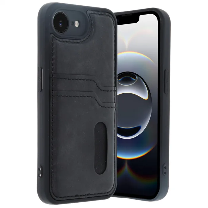 İphone 16e Kılıf Sara Kartvizitli Deri Kılıf - Siyah