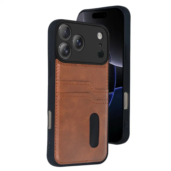 İphone 17 Pro Sara Kartvizitli Deri Kılıf - Taba