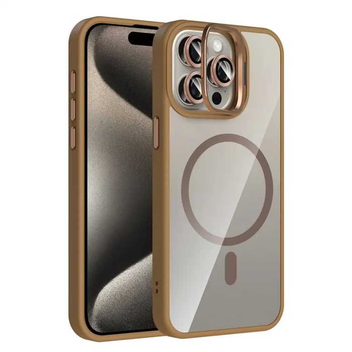 Joko Apple İphone 15 Pro Max Remim Lensli Magsafe Standlı Kapak - Kahverengi