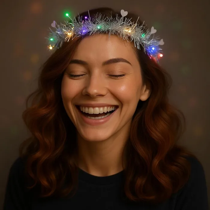 Kalp Püsküllü Gece Parıltısı 3 Modlu Led39li Işıklı Taç Gümüş Renk