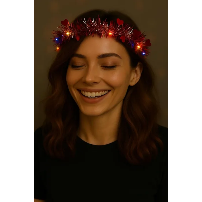 Kalp Püsküllü Gece Parıltısı 3 Modlu Led39li Işıklı Taç Kırmızı Renk