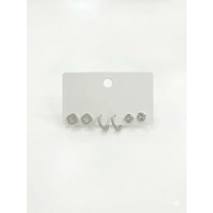 Rodyum Zirkon Taşlı Pirinç Altılı  Kombin Küpe - Kp00650