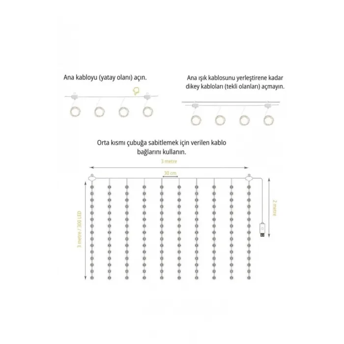 Lw-7 300 Ledli 10 Sarkıt Perde Led Işık, 8 Modlu Uzaktan Kumandalı, 3x3 Metre Peri Telli Led