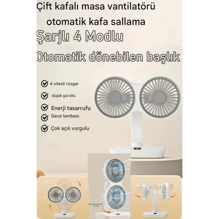 Masaüstü Dijital Ekranlı Çift Fanlı Led Işıklı Soğutucu Fan Ev Ofis Şarjlı Vantilatör