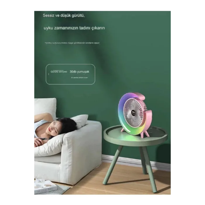 Masaüstü Vantilatör Usb Şarjlı Rgb Led Işıklı 3 Kademeli 180° Ayarlanabilir Soğutucu Fan Pembe