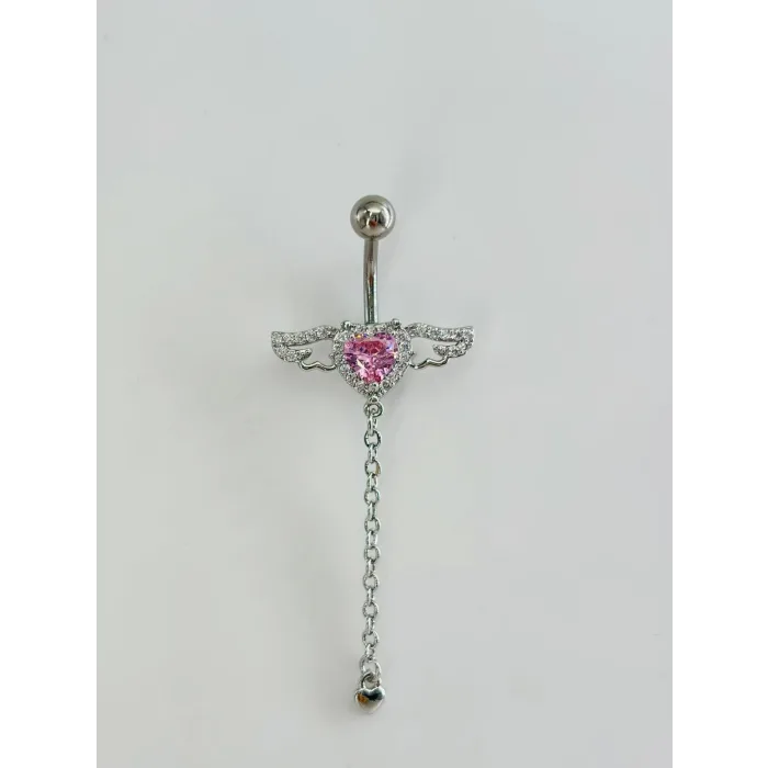 Melek Kanatlı  Pembe Taşlı Kalp Detaylı Sallantılı  Göbek Piercing - Pg0104