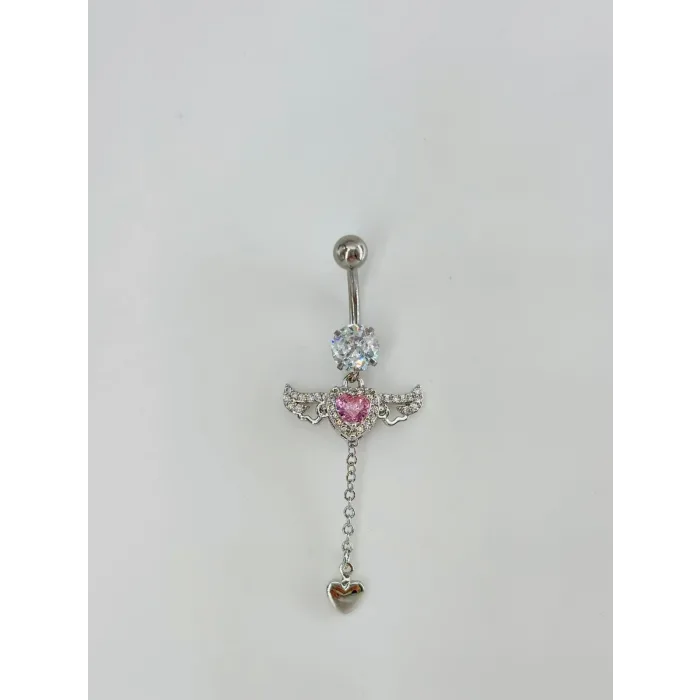 Melek Kanatlı Pembe Taşlı Sallantılı Göbek Piercing - Pg0124