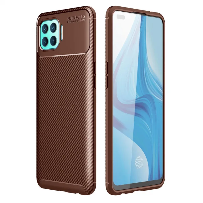 Oppo Reno 4 Lite Kılıf Auto Focus Karbon Kapak - Kahverengi