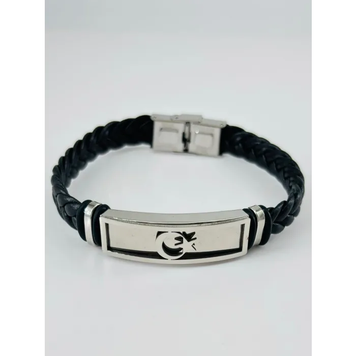 Siyah Deri / Çelik  Erkek Deri Bileklik 20 Cm  - Ebl0126