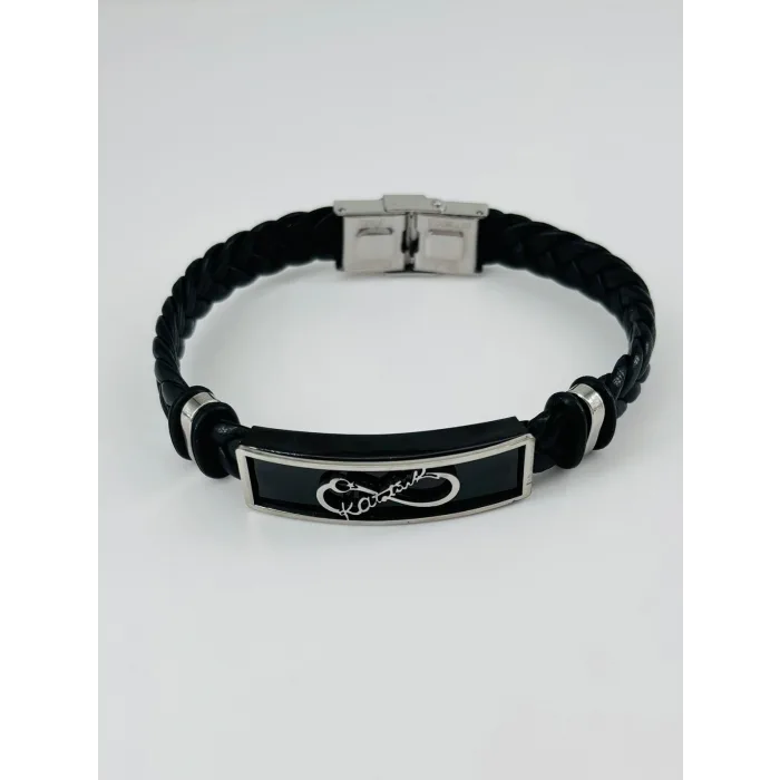 Siyah Deri / Çelik  Erkek Deri Bileklik 20 Cm  - Ebl0034