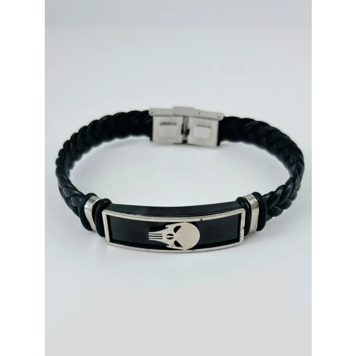 Siyah Deri / Çelik  Erkek Deri Bileklik 20 Cm  - Ebl0088