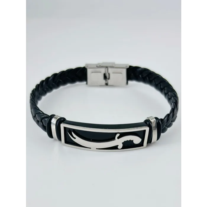 Siyah Deri / Çelik  Erkek Deri Bileklik 20 Cm  - Ebl0120