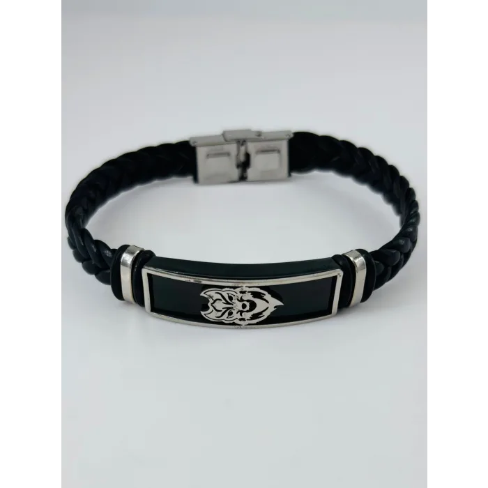 Siyah Deri / Çelik  Erkek Deri Bileklik 20 Cm  - Ebl0104