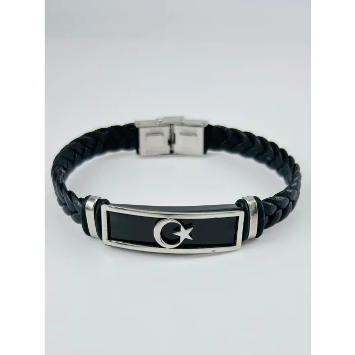 Siyah Deri / Çelik  Erkek Deri Bileklik 20 Cm  - Ebl0125