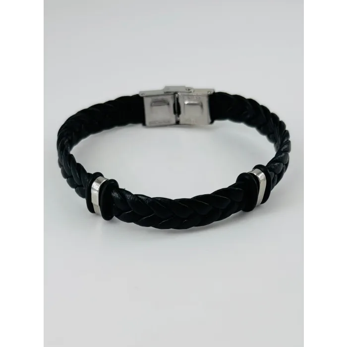 Siyah Deri  / Çelik  Erkek Deri Bileklik 20 Cm  - Ebl0045