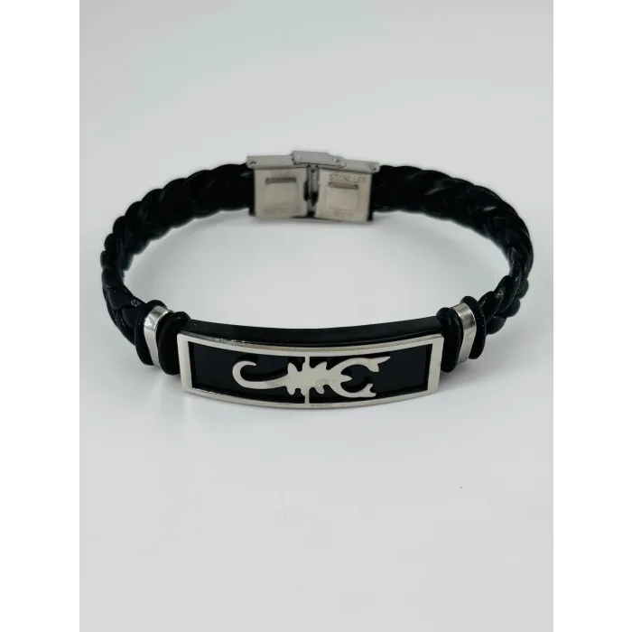 Siyah Deri  / Çelik  Erkek Deri Bileklik 20 Cm  - Ebl0040