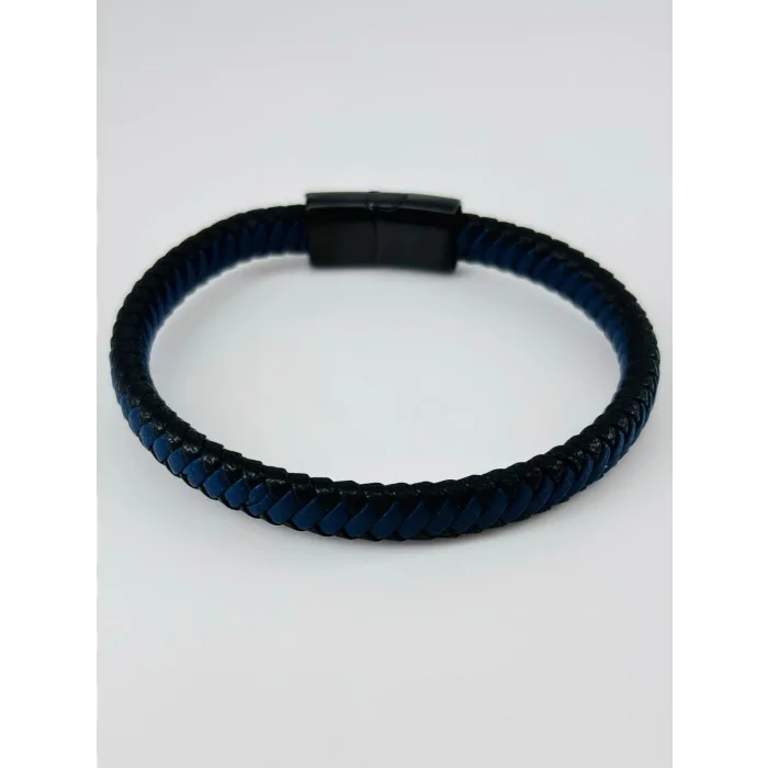 Siyah Deri / Çelik  Erkek Deri Bileklik 20 Cm  - Ebl0059