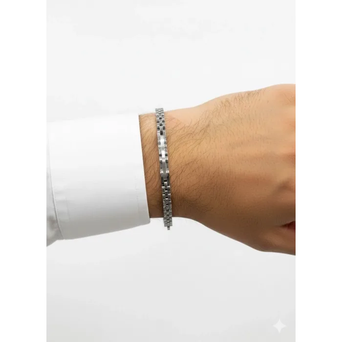 Siyah Deri / Çelik  Erkek Deri Bileklik 20 Cm  - Ebl0030