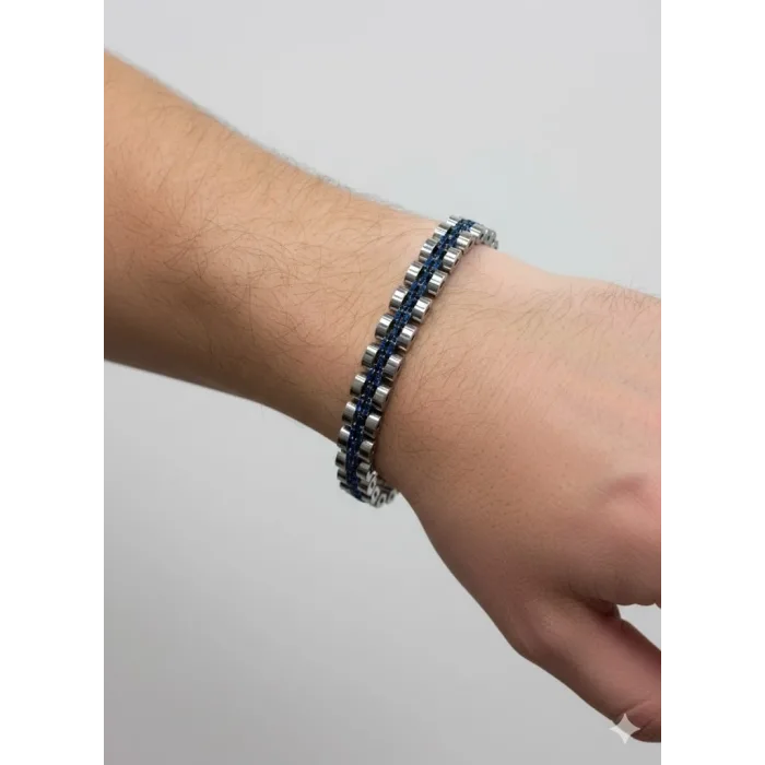 Siyah Deri / Çelik  Erkek Deri Bileklik 20 Cm  - Ebl0083