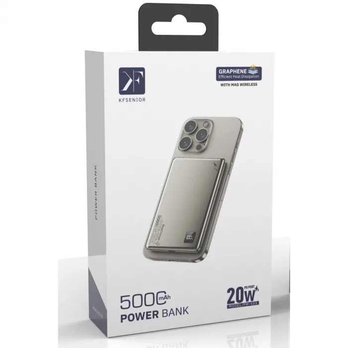 Pw555 5.000 Mah Dijital Göstergeli 18w Type-c Ve 15w Kablosuz Şarj Pd Hızlı Şarj Magsafe Powerbank - Titanyum