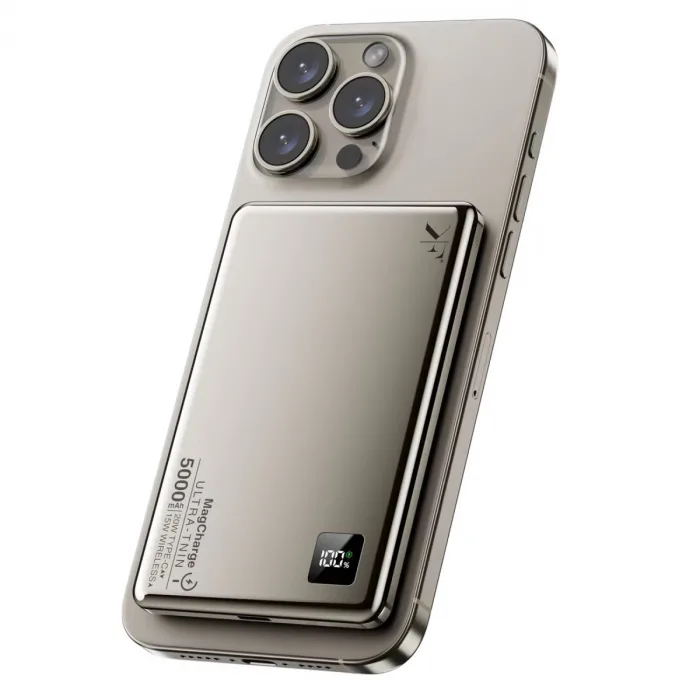 Pw555 5.000 Mah Dijital Göstergeli 18w Type-c Ve 15w Kablosuz Şarj Pd Hızlı Şarj Magsafe Powerbank - Titanyum