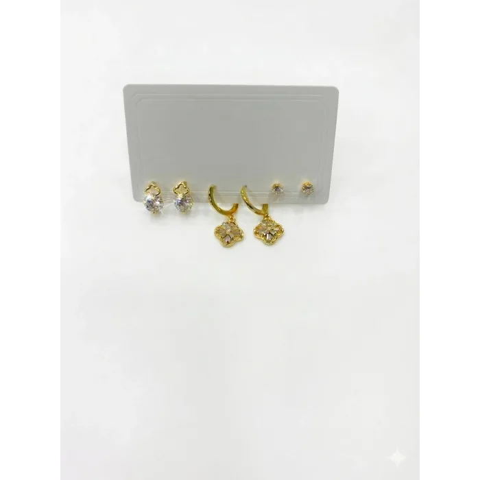   Zirkon Taşlı Pirinç Altılı  Kombin Küpe - Kp00580