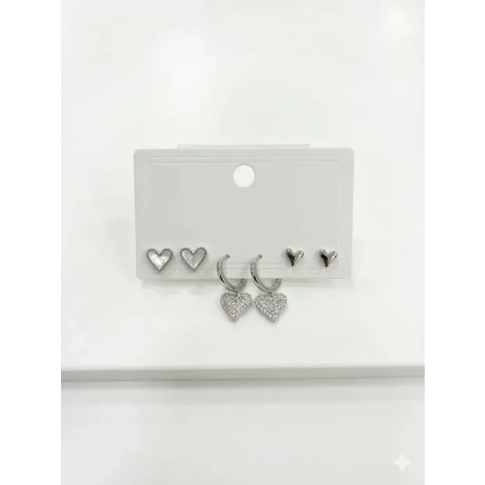 Sallantılı Kalp Detaylı Altılı Küpe - Kp00636