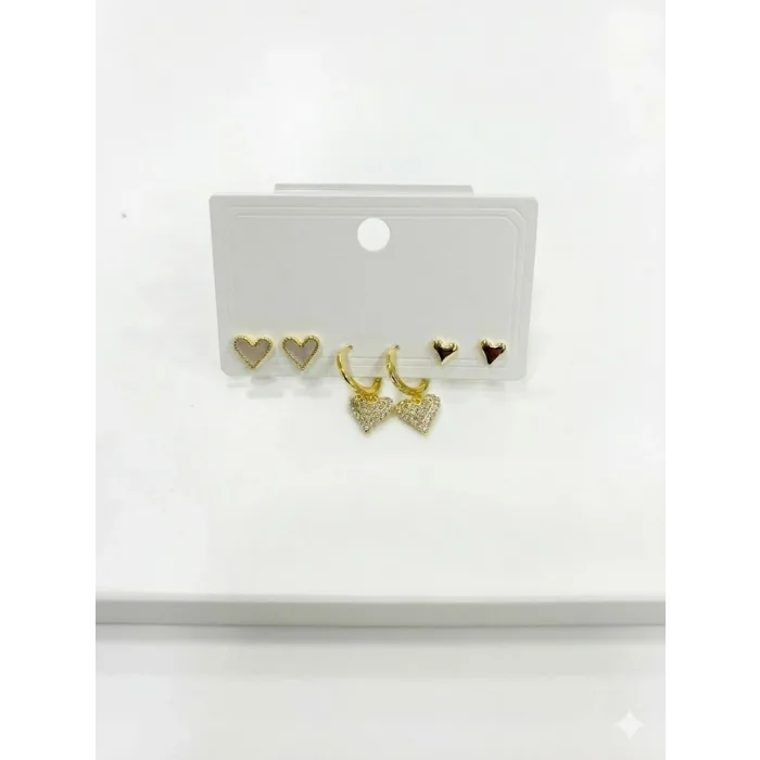 Sallantılı Kalp Detaylı Altılı Küpe - Kp00635