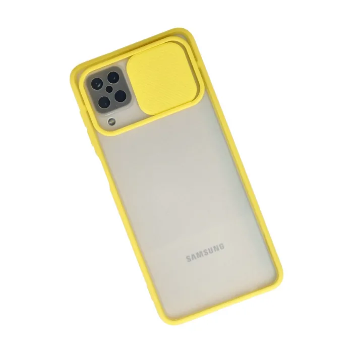 Samsung Galaxy A12 Kılıf Palm Buzlu Kamera Sürgülü Silikon - Sarı