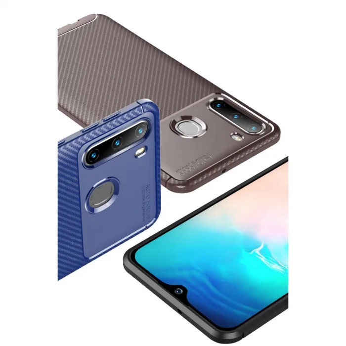 Samsung Galaxy A21 Kılıf Auto Focus Karbon Kapak - Kahverengi