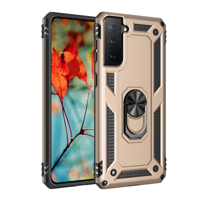 Samsung Galaxy S21 Kılıf Sofya Yüzüklü Silikon Kapak - Gold